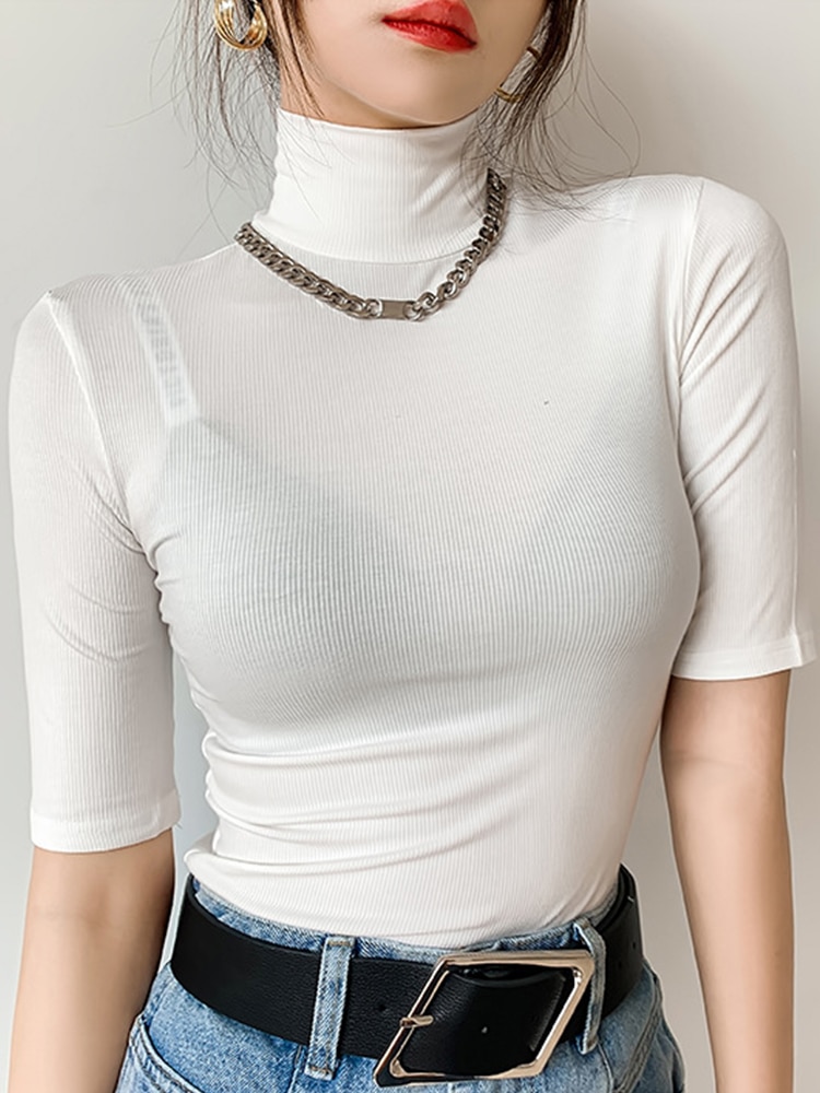 Basic-Cotton-T-Shirt-Women-Turtleneck-Slim-Tshirt-Short-Sleeve-T-shirts-Female-Casual-Elasticity-White-3