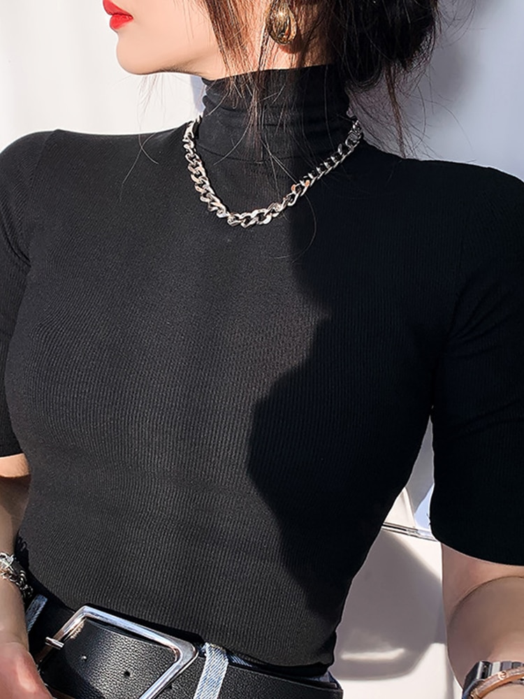 Basic-Cotton-T-Shirt-Women-Turtleneck-Slim-Tshirt-Short-Sleeve-T-shirts-Female-Casual-Elasticity-White-4