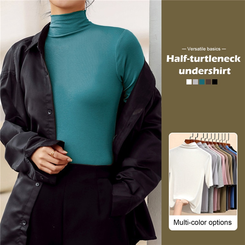 Half-Turtleneck-Milk-Silk-Tops-Women-Short-Sleeve-Slim-T-Shirt-Solid-Color-Basic-Trend-Bottoming-2