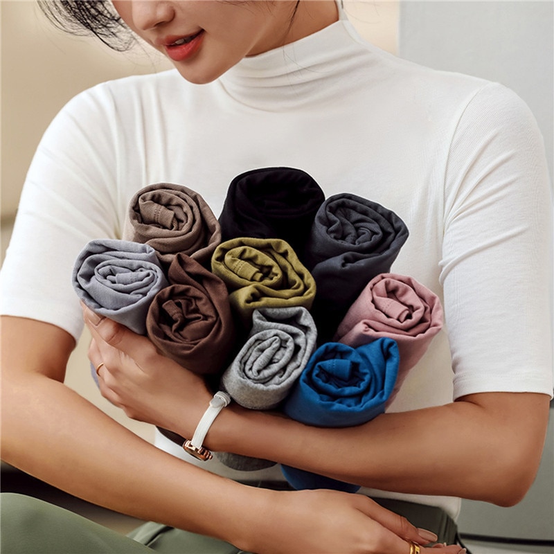 Half-Turtleneck-Milk-Silk-Tops-Women-Short-Sleeve-Slim-T-Shirt-Solid-Color-Basic-Trend-Bottoming-3