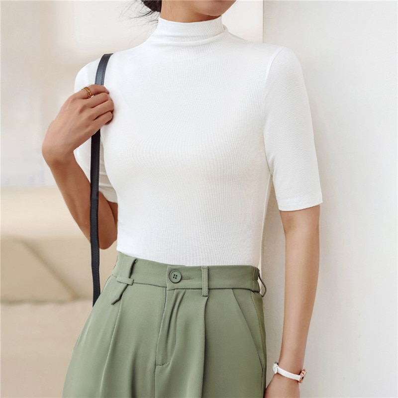 Half-Turtleneck-Milk-Silk-Tops-Women-Short-Sleeve-Slim-T-Shirt-Solid-Color-Basic-Trend-Bottoming-4
