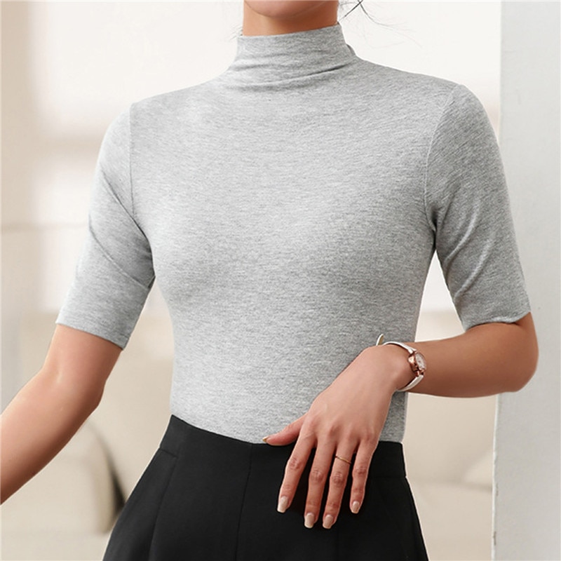Half-Turtleneck-Milk-Silk-Tops-Women-Short-Sleeve-Slim-T-Shirt-Solid-Color-Basic-Trend-Bottoming