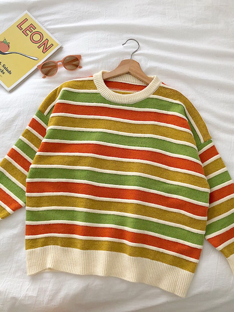 New-Women-Stripe-Sweater-Autumn-Winter-Loose-Long-Sleeve-Pullover-Tops-Korean-Ladies-Knitted-Patchwork-Korean-2