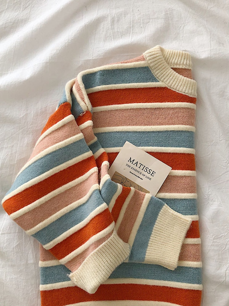 New-Women-Stripe-Sweater-Autumn-Winter-Loose-Long-Sleeve-Pullover-Tops-Korean-Ladies-Knitted-Patchwork-Korean