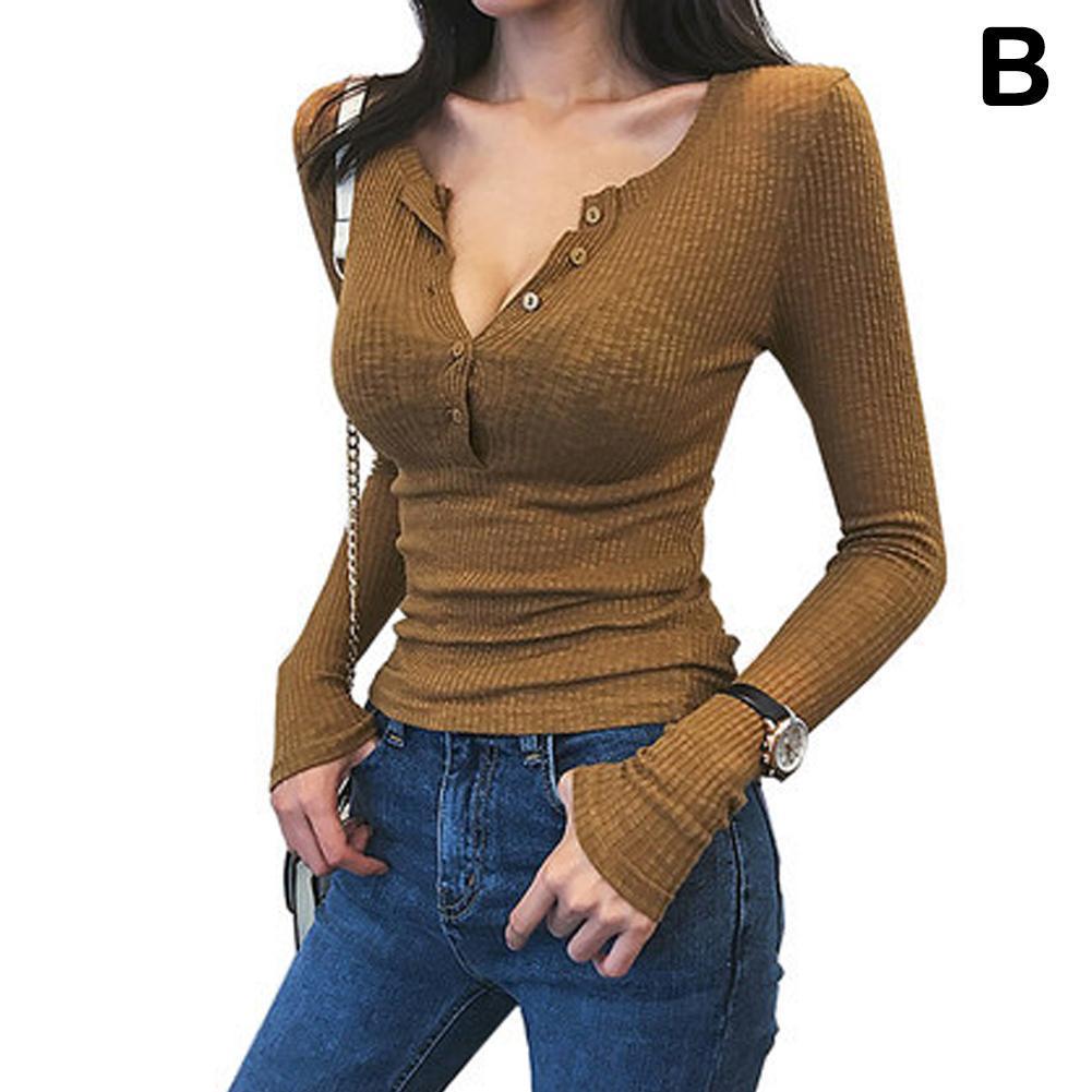 Spring-Autumn-Women-Cotton-T-Shirt-Long-Sleeve-White-Femme-Knitted-Tee-V-Sexy-Deep-Clothes-4