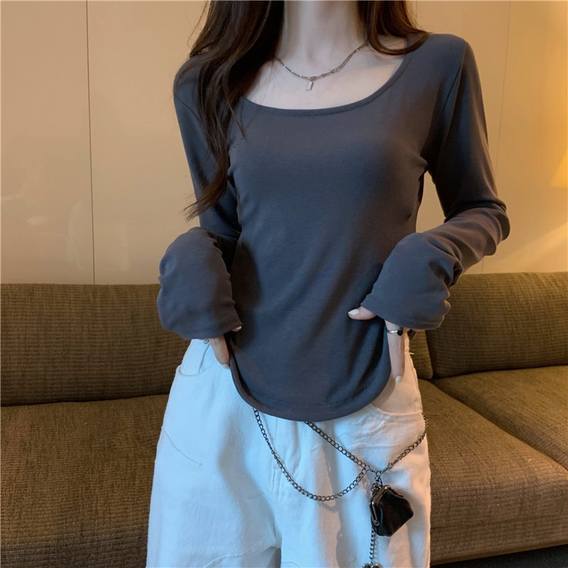 Women-Long-Sleeve-Square-Neck-T-Shirt-Spring-And-Autumn-New-Irregular-Hem-Slim-Casual-Top-2